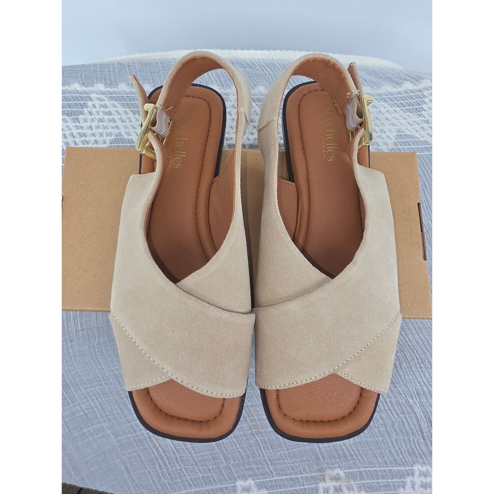 Seychelles Women Beige Suede Cross Strap Slingback Flat Sandals Size 7.5